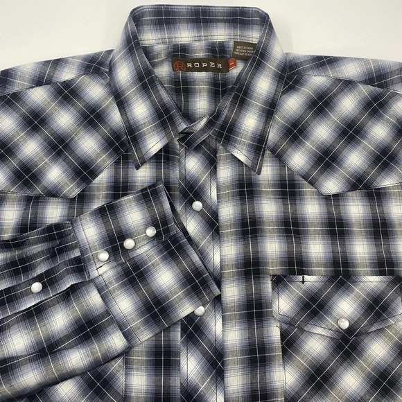 Roper Large Black Blue Plaid Check Pearl Snap Button Up L/S Western Shirt - Picture 1 of 5